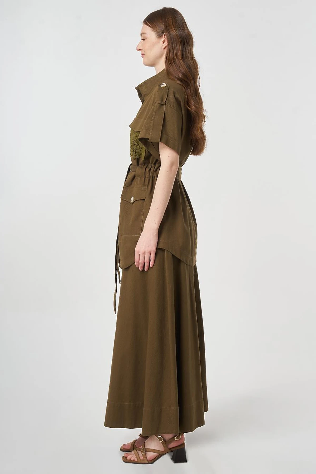 Broderie Trimmed Non-Denim Set Dark Khaki