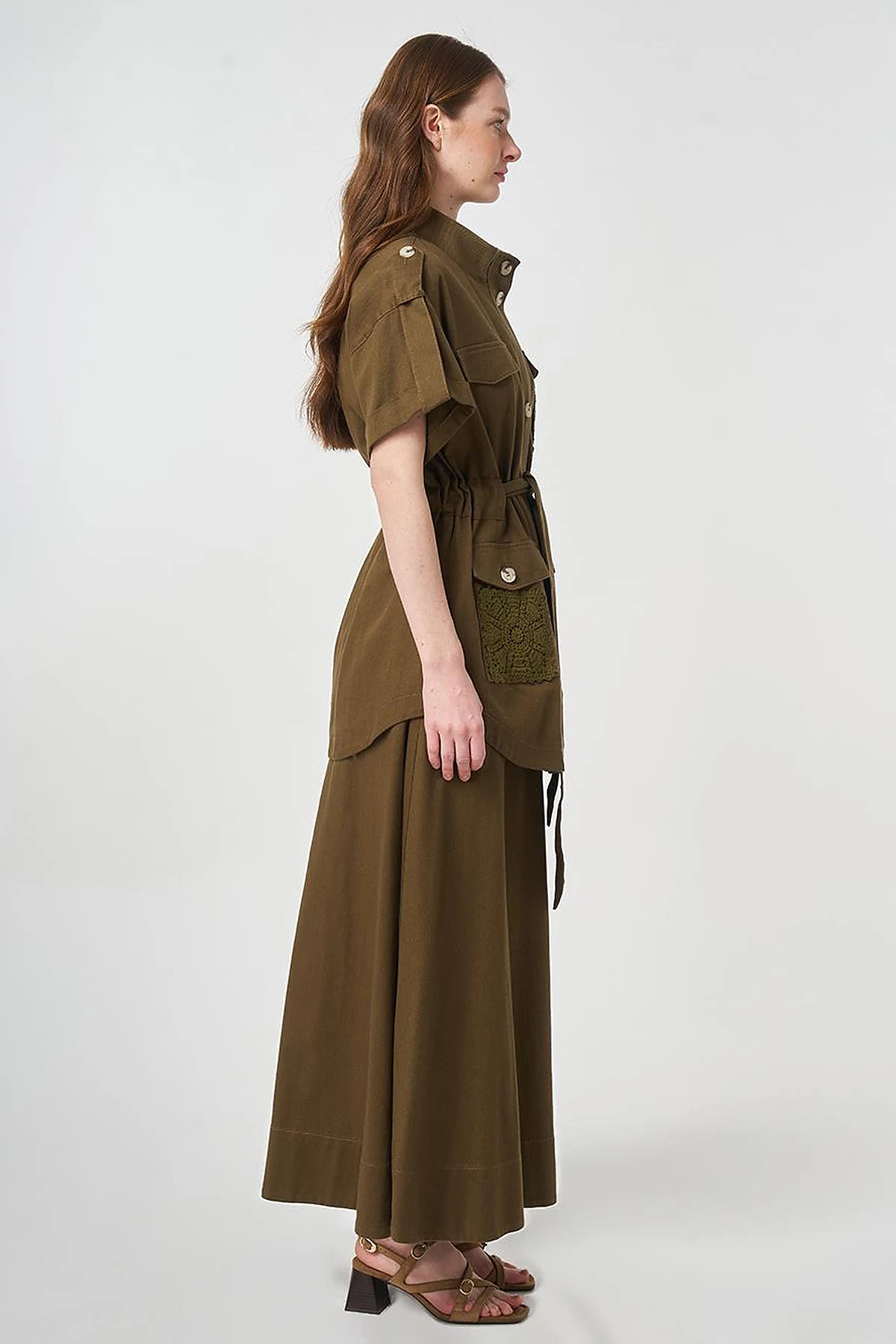 Broderie Trimmed Non-Denim Set Dark Khaki