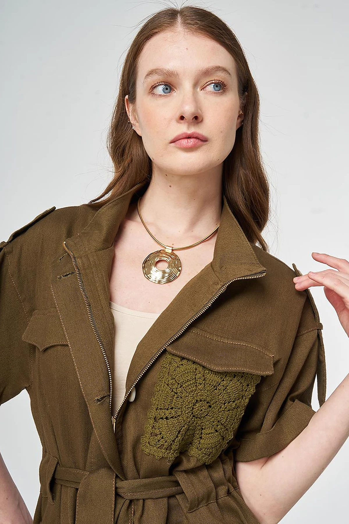 Broderie Trimmed Non-Denim Set Dark Khaki