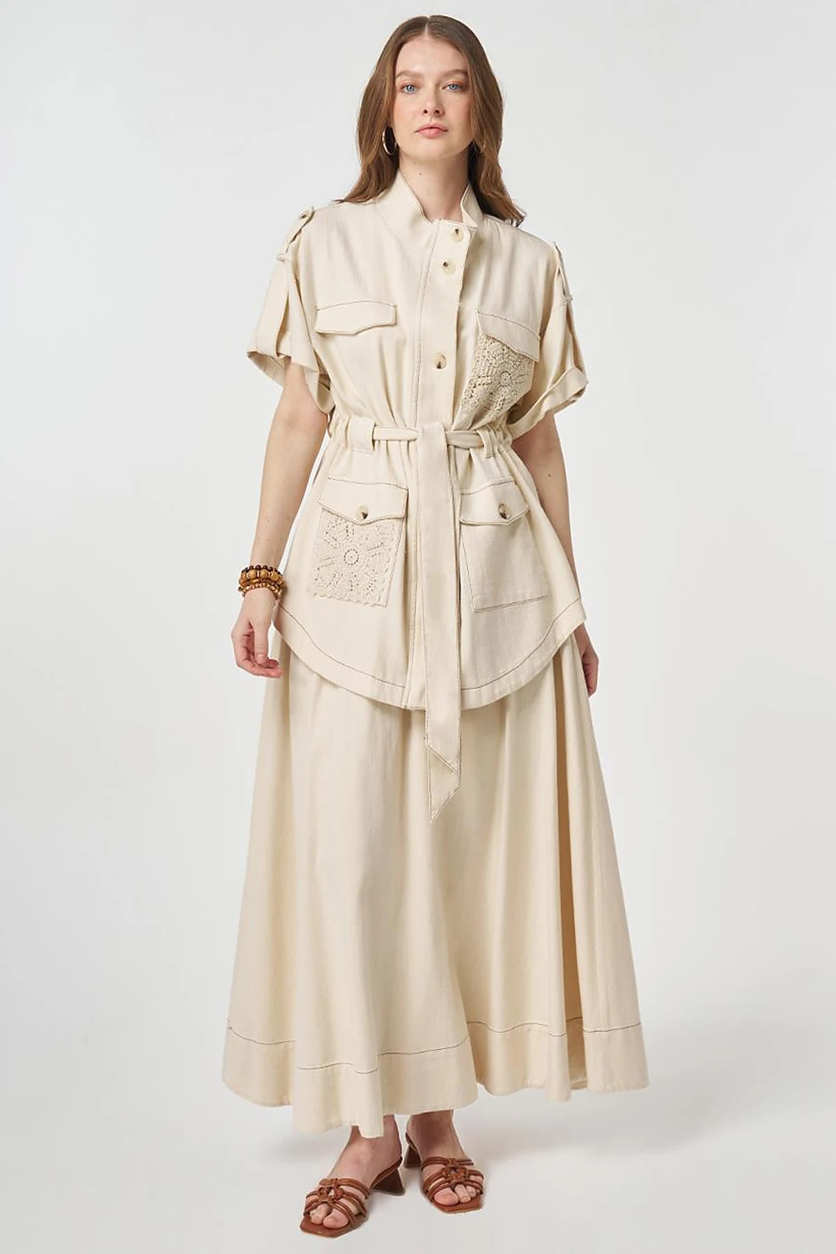 Broderie Trimmed Non-Denim Set Cream