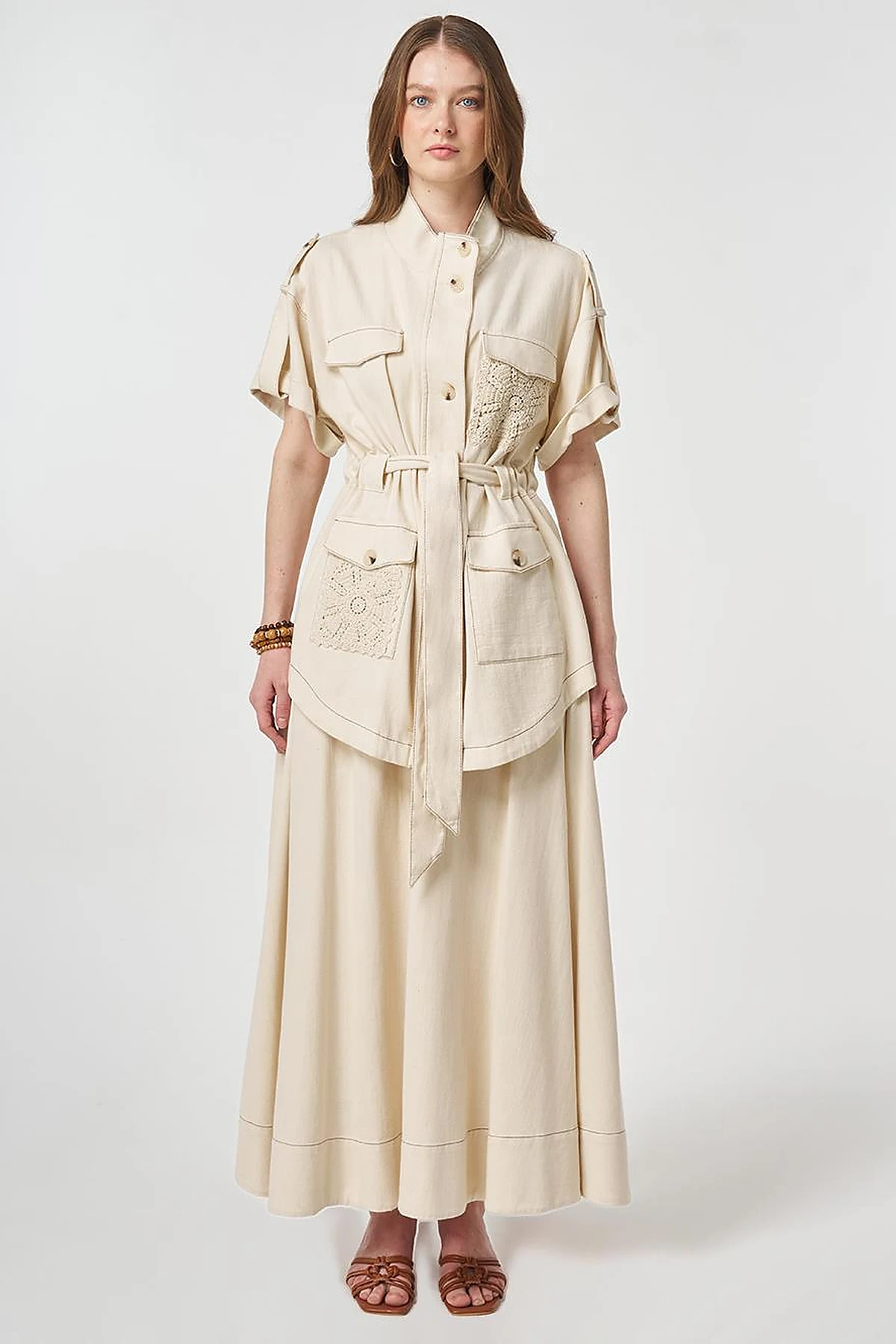 Broderie Trimmed Non-Denim Set Cream