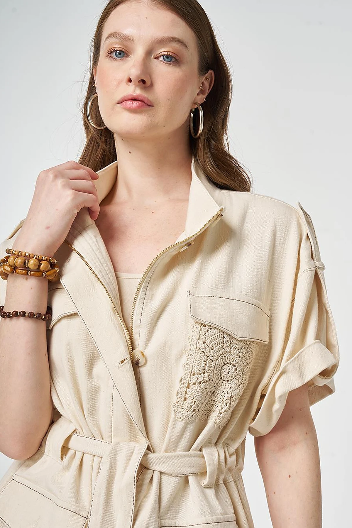 Broderie Trimmed Non-Denim Set Cream