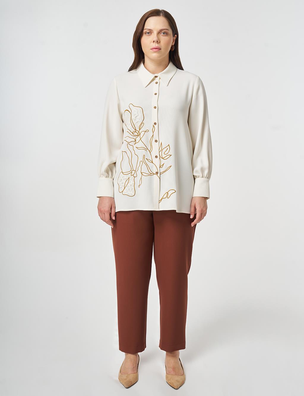 Nakış İşlemeli Krep Tunik Ekru