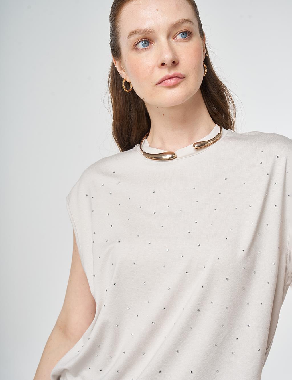 Hotfix Printed Sleeveless Knitted Blouse Light Grey