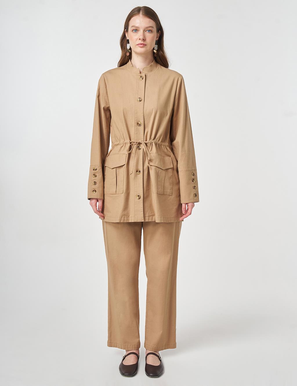 Button-Detail Cotton Two-Piece Set Beige