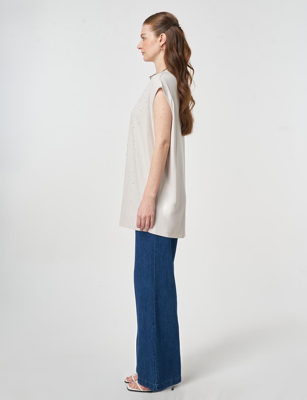 Hotfix Printed Sleeveless Knitted Blouse Light Grey