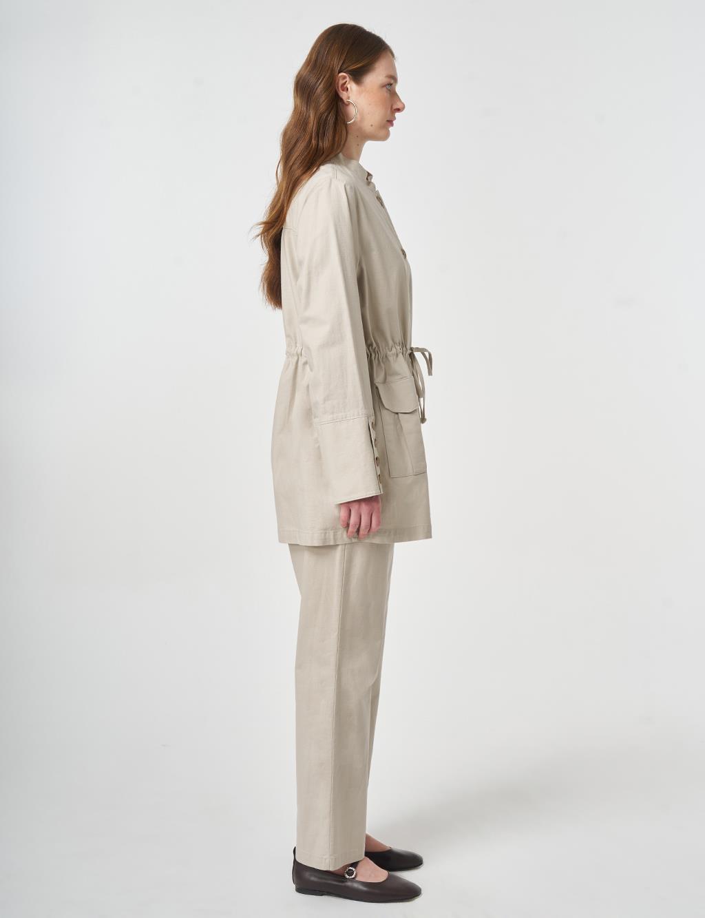 Button-Detail Cotton Two-Piece Set Stone