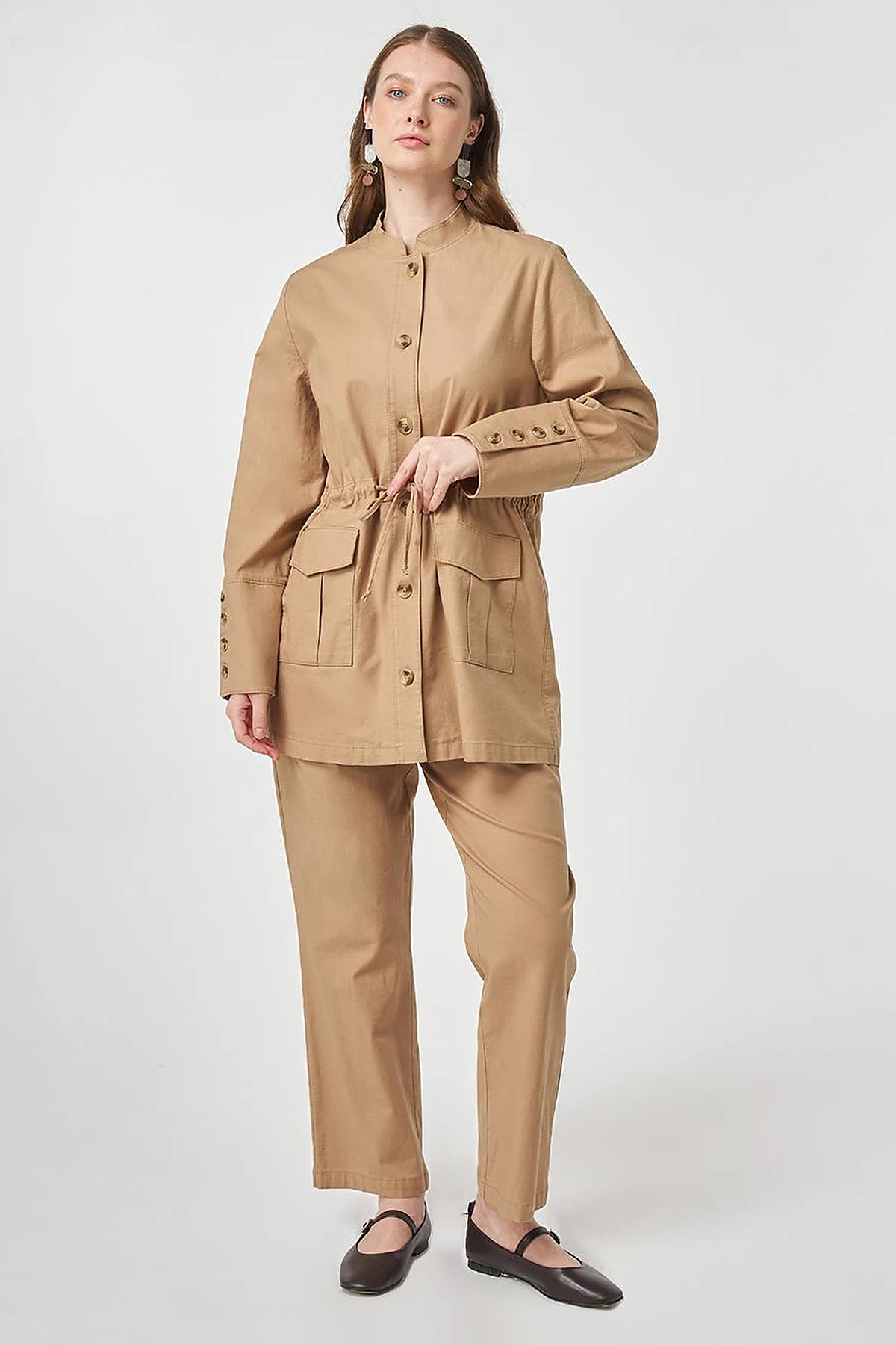 Button-Detail Cotton Two-Piece Set Beige