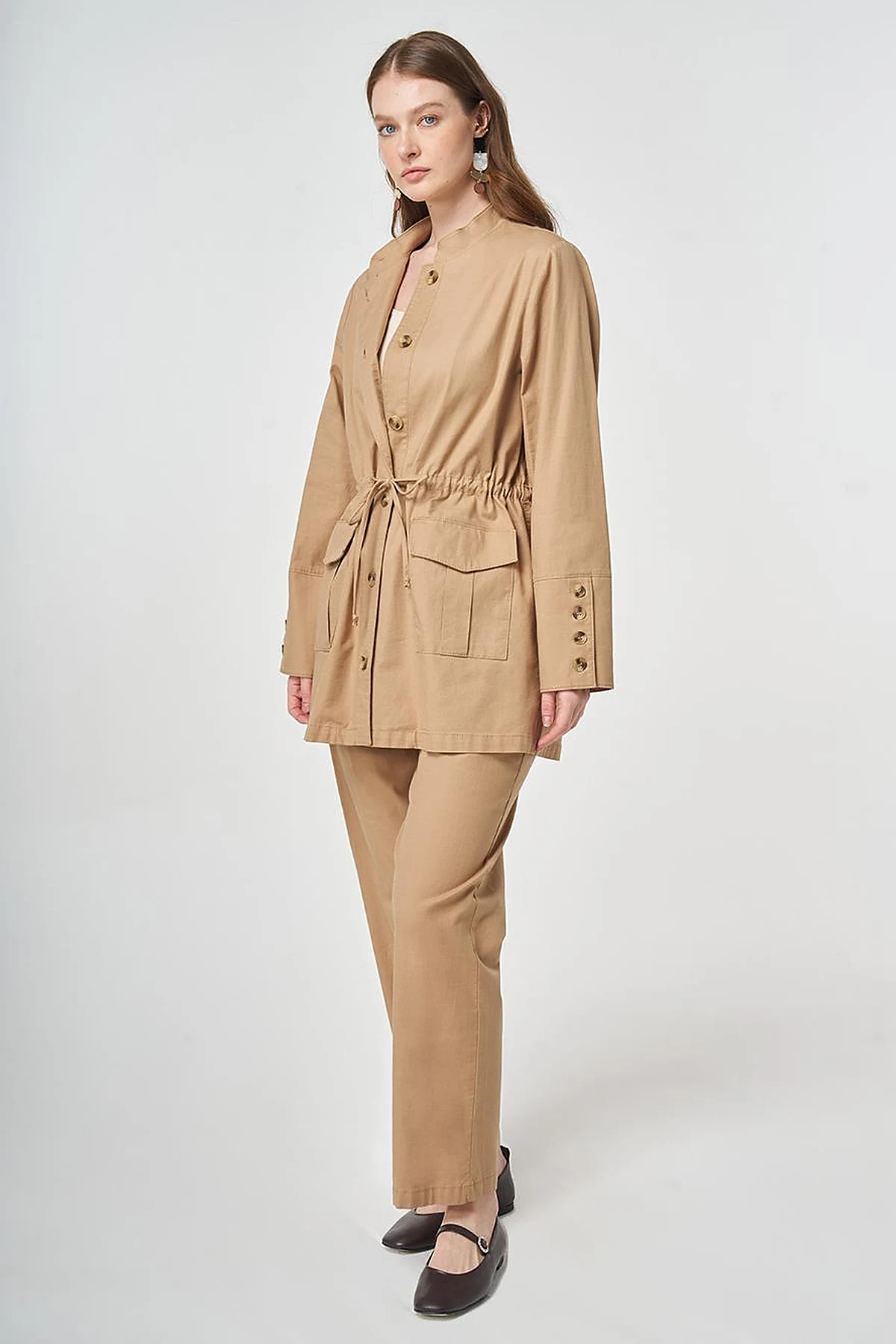 Button-Detail Cotton Two-Piece Set Beige
