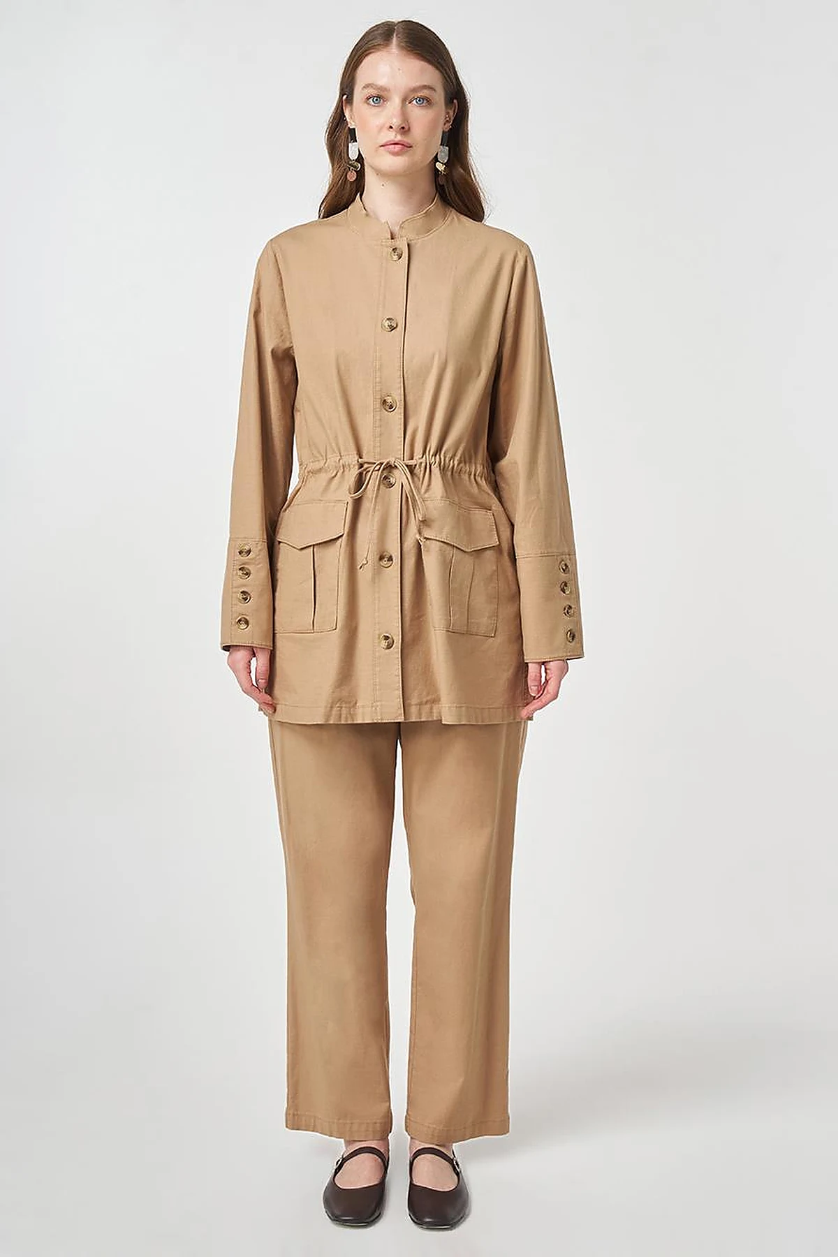 Button-Detail Cotton Two-Piece Set Beige