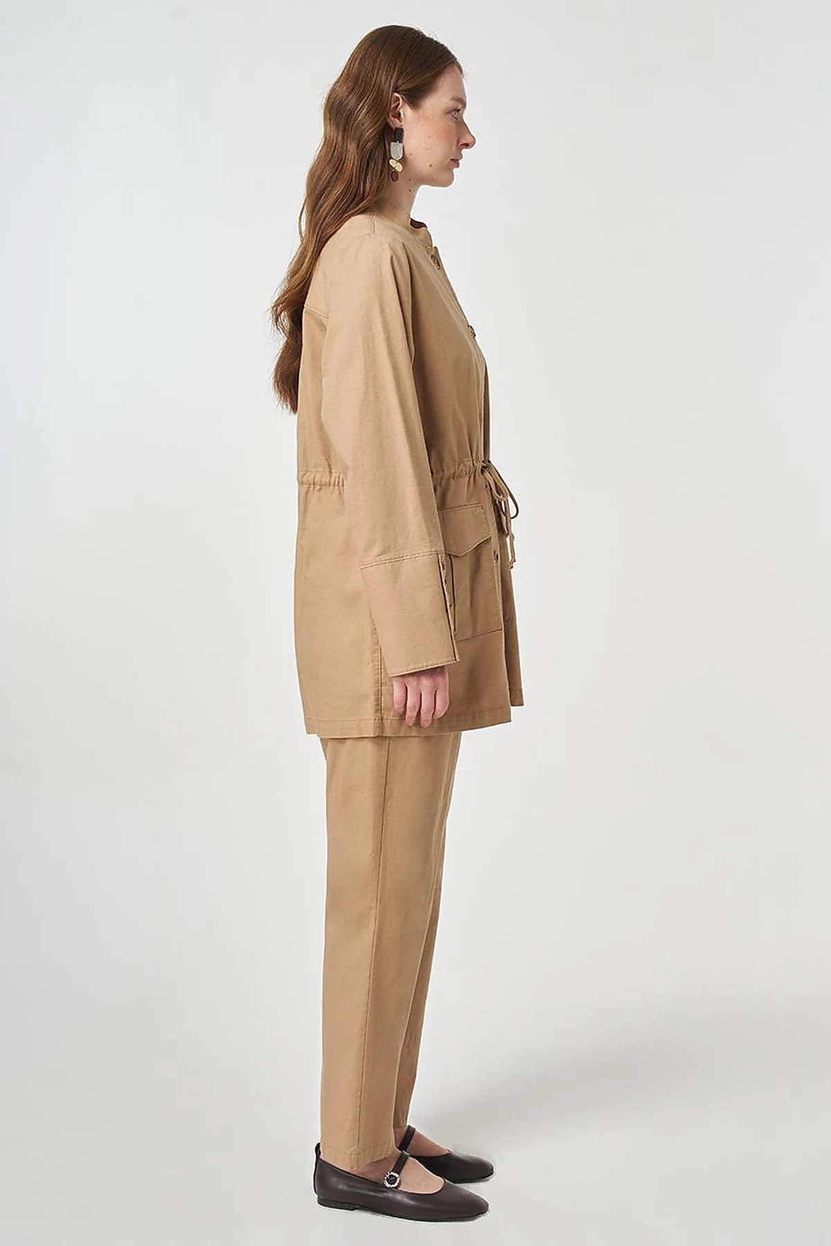 Button-Detail Cotton Two-Piece Set Beige