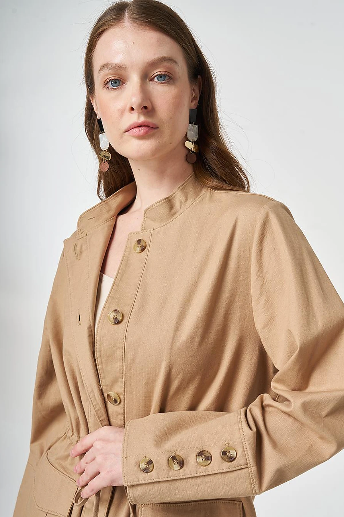 Button-Detail Cotton Two-Piece Set Beige