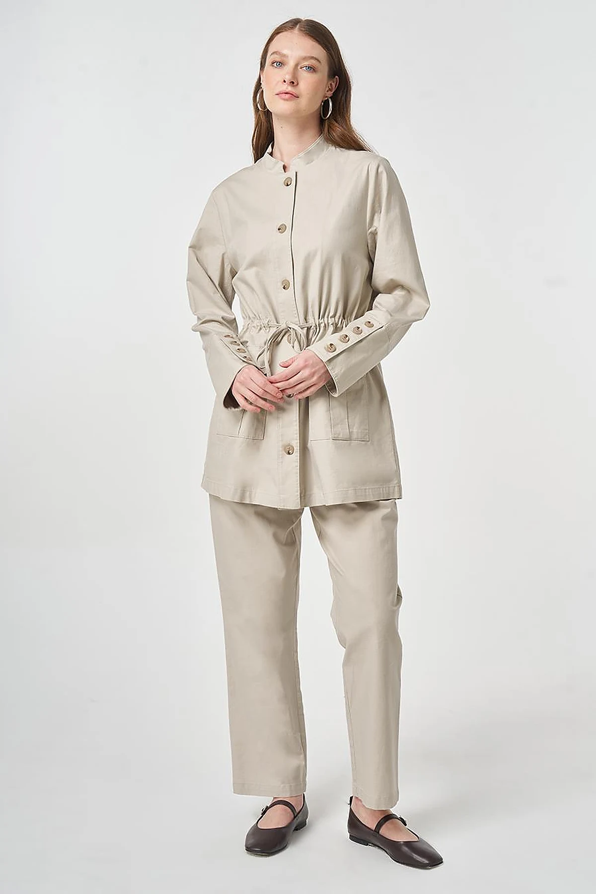 Button-Detail Cotton Two-Piece Set Stone