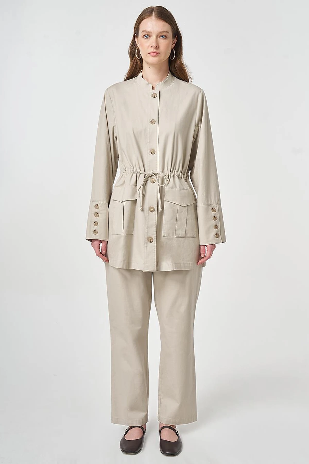 Button-Detail Cotton Two-Piece Set Stone