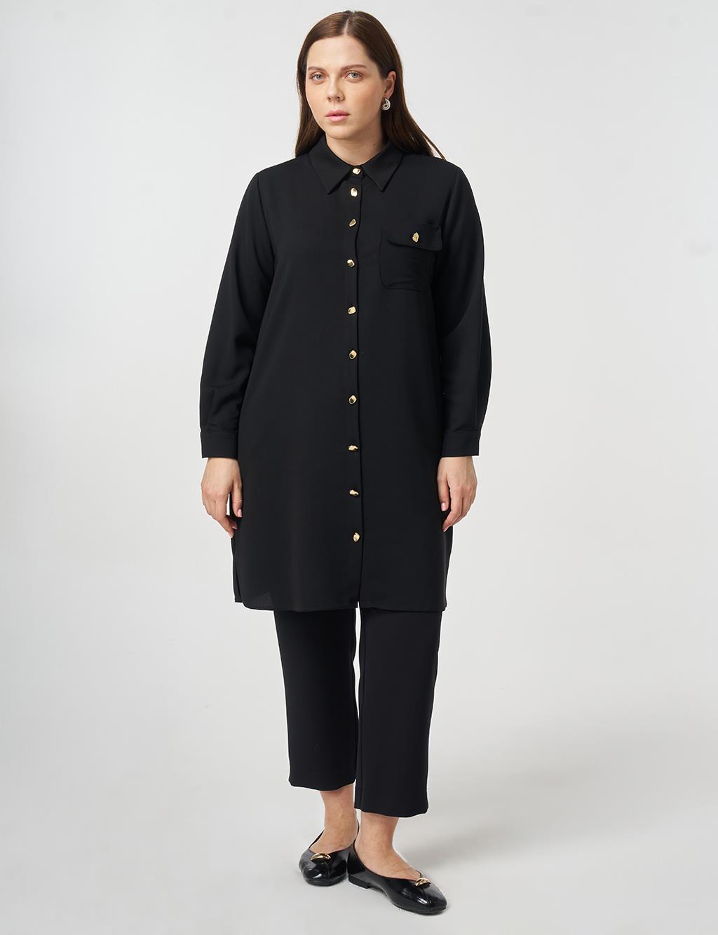 Long Tunic with Gold Buttons Black