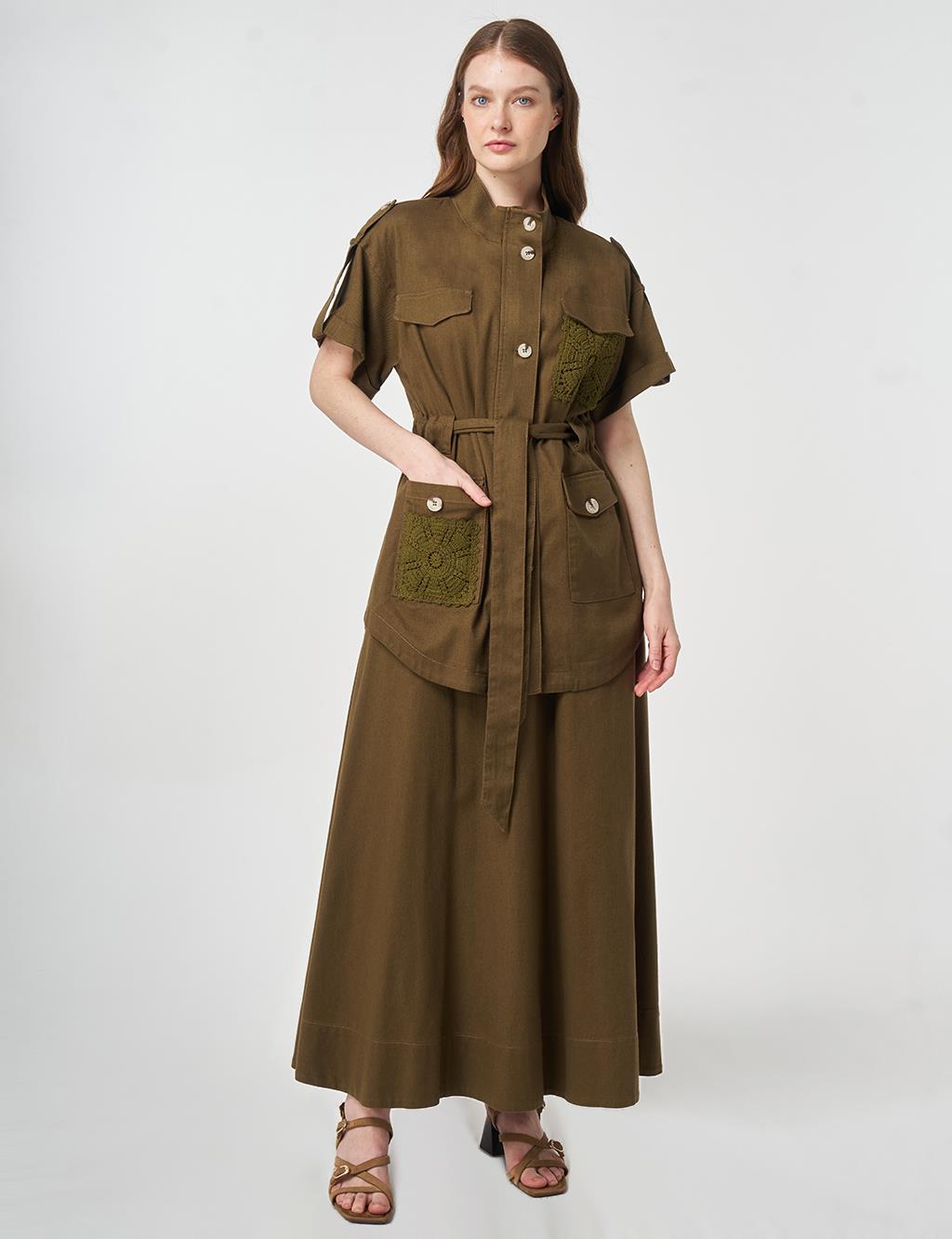 Broderie Trimmed Non-Denim Set Dark Khaki