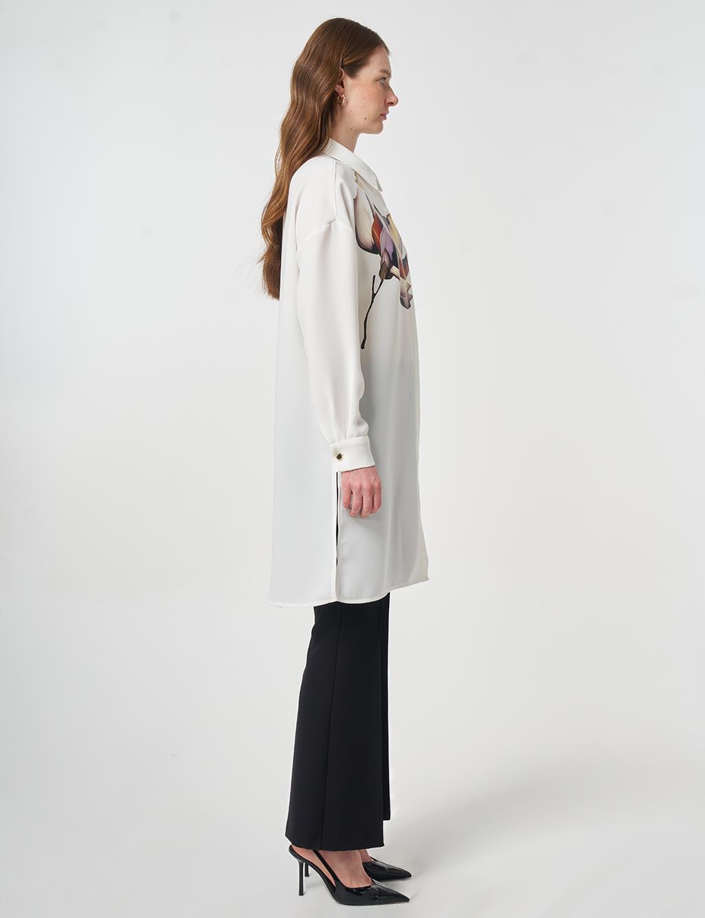 Printed Detail Crepe Tunic Optic White