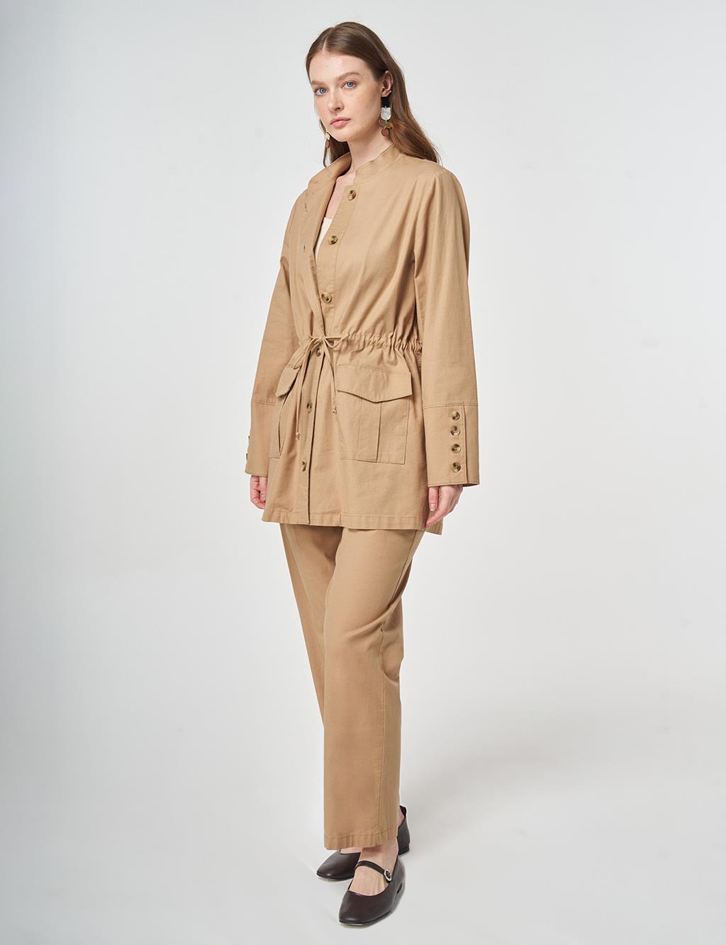 Button-Detail Cotton Two-Piece Set Beige