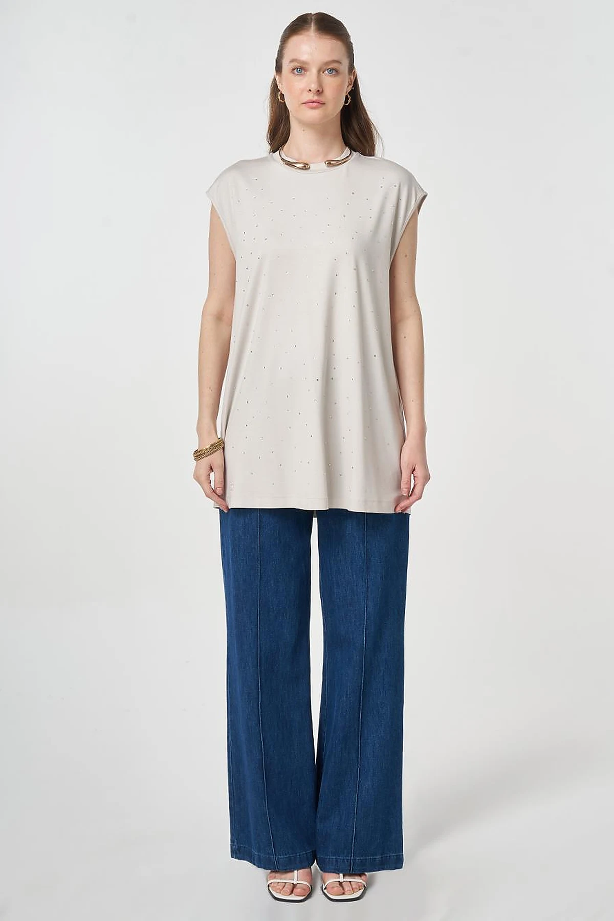 Hotfix Printed Sleeveless Knitted Blouse Light Grey