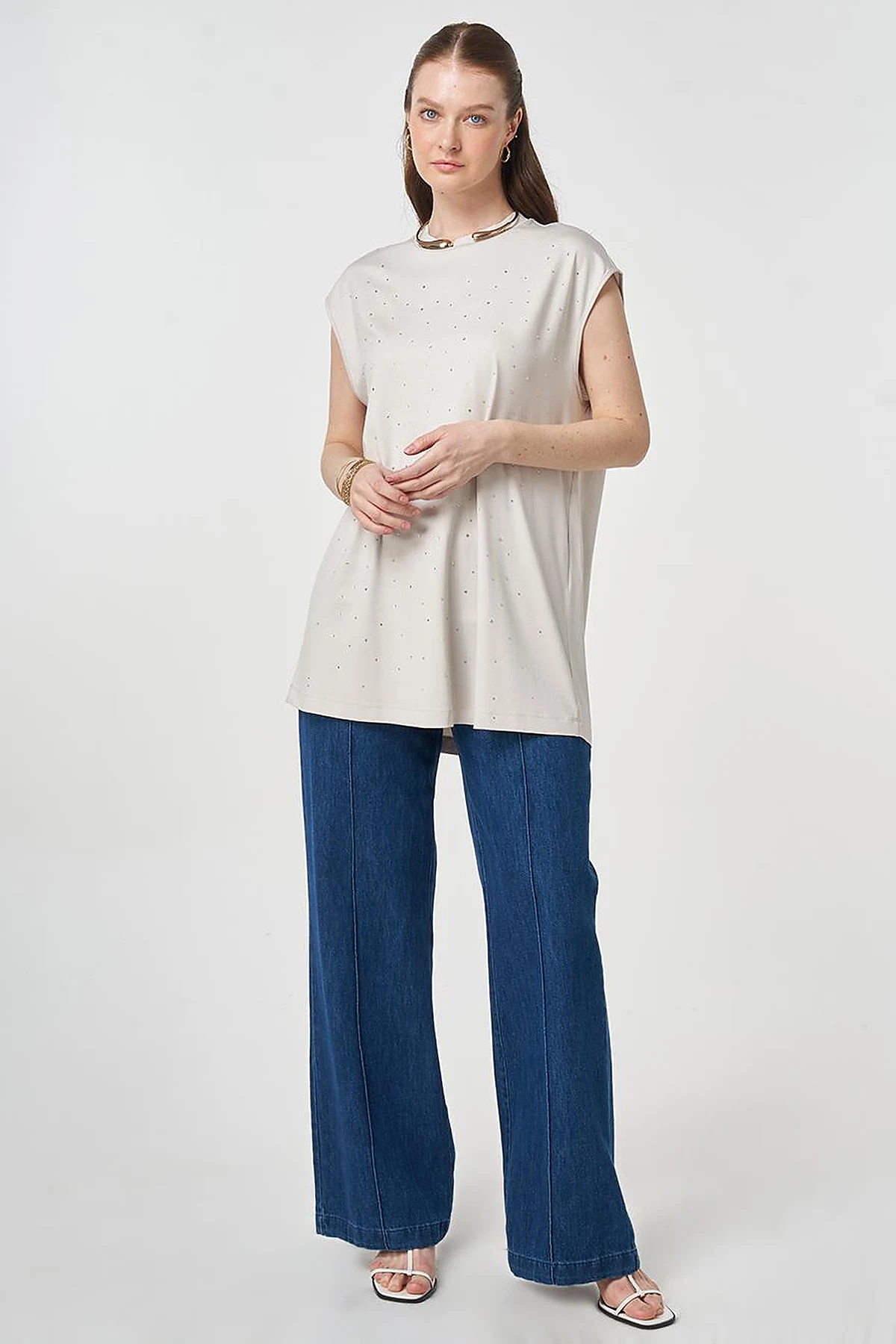 Hotfix Printed Sleeveless Knitted Blouse Light Grey