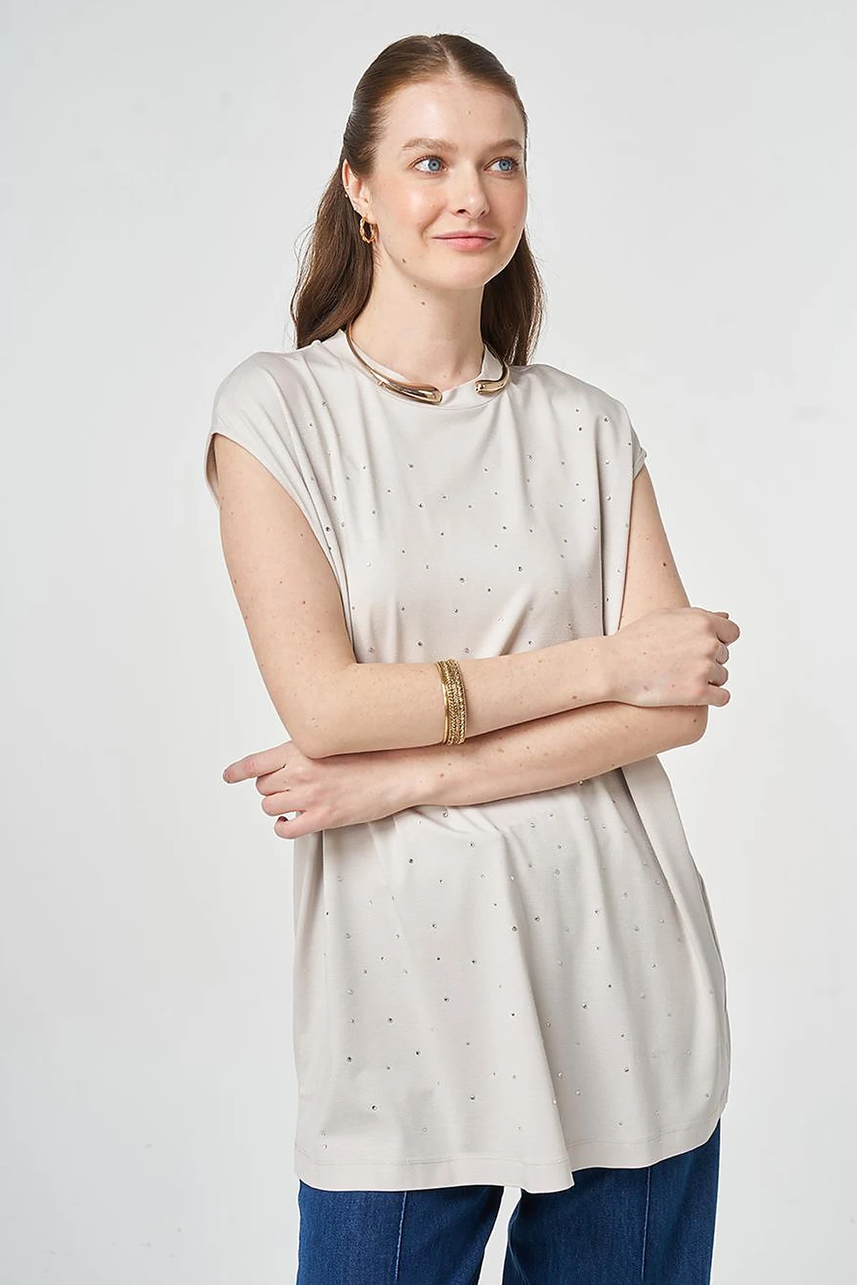 Hotfix Printed Sleeveless Knitted Blouse Light Grey