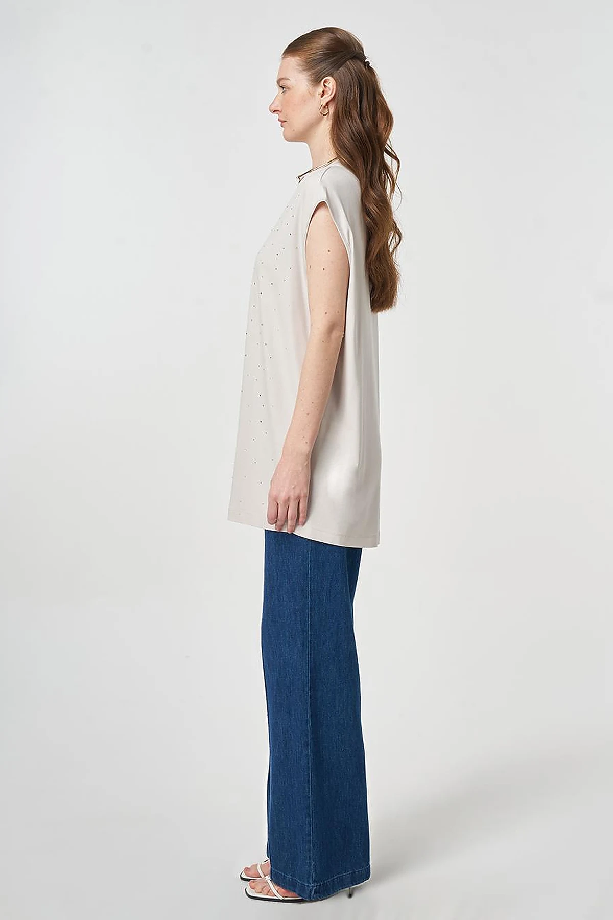Hotfix Printed Sleeveless Knitted Blouse Light Grey