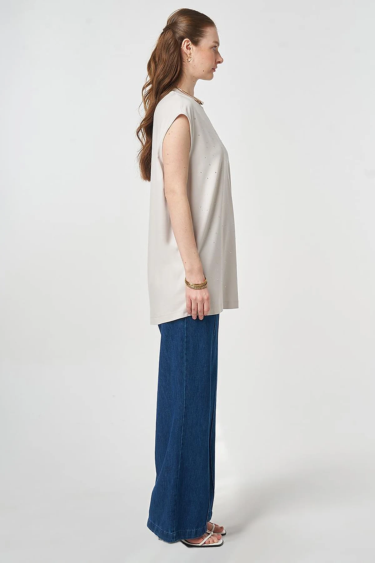 Hotfix Printed Sleeveless Knitted Blouse Light Grey