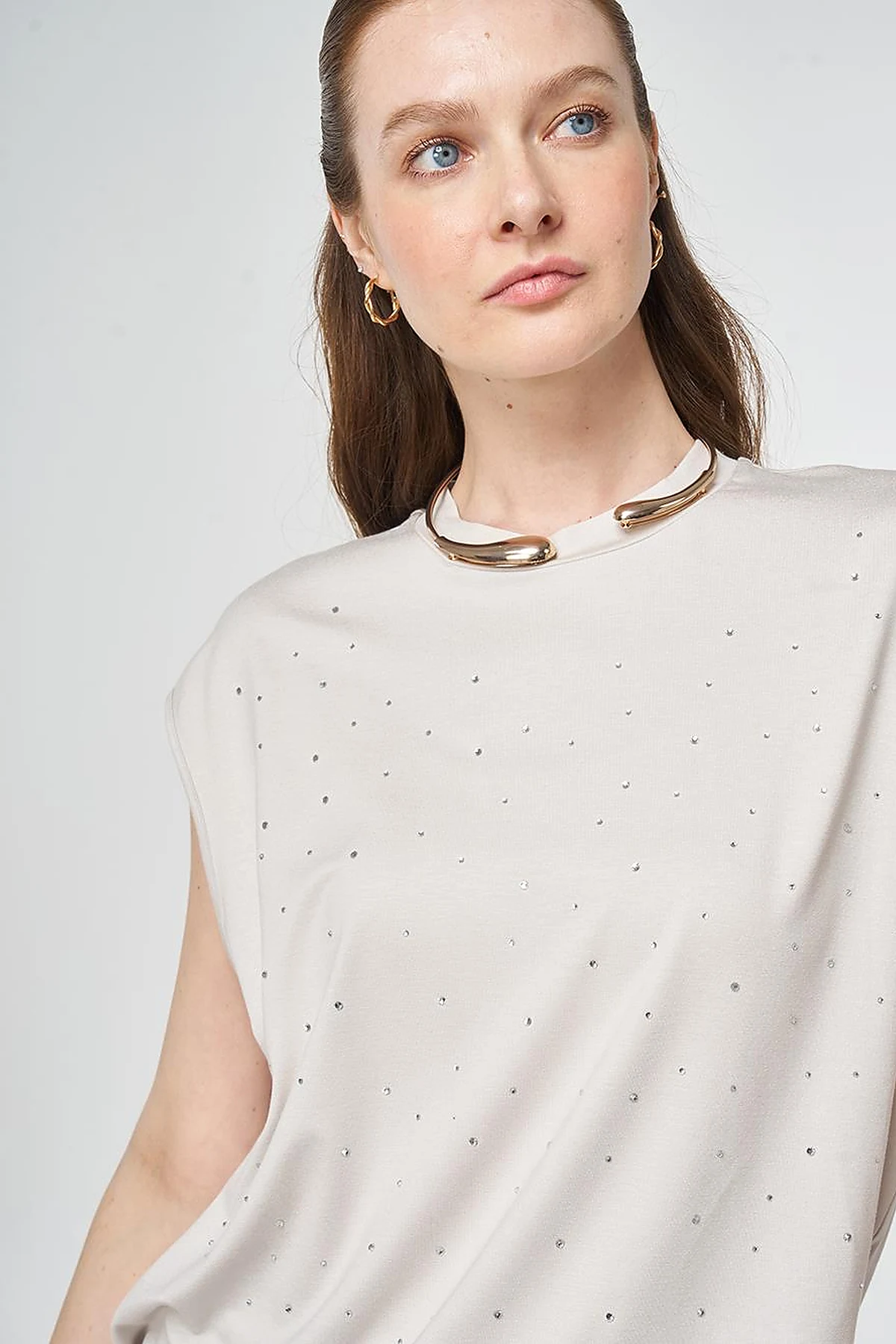 Hotfix Printed Sleeveless Knitted Blouse Light Grey
