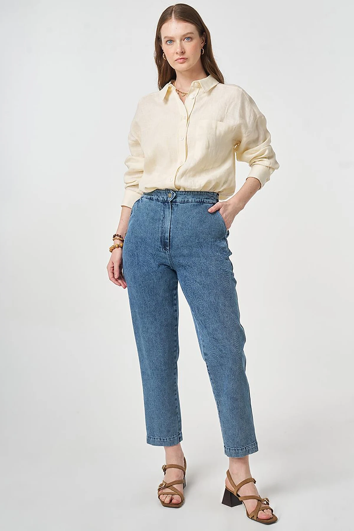 Elastic-Waist Carrot-Fit Denim Trousers Blue 