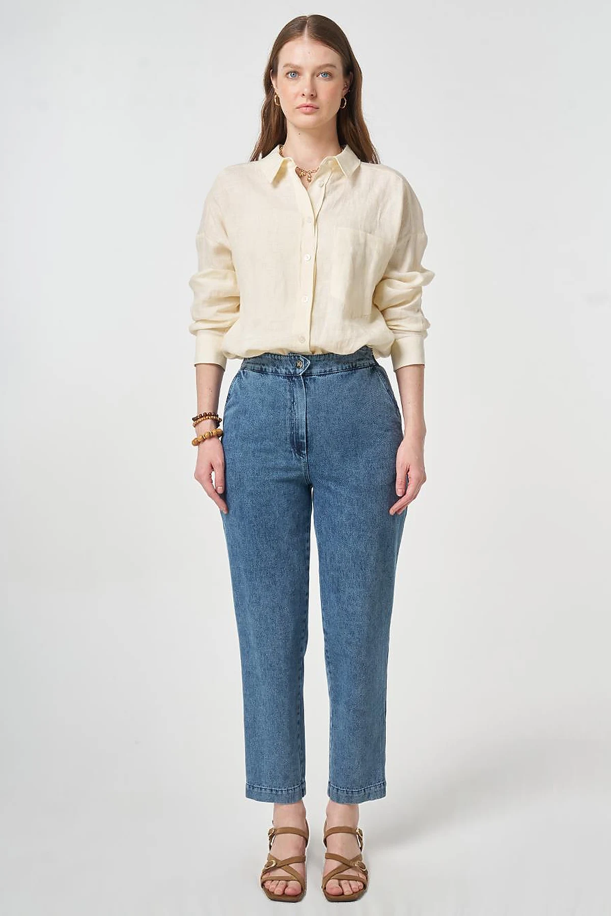 Elastic-Waist Carrot-Fit Denim Trousers Blue 
