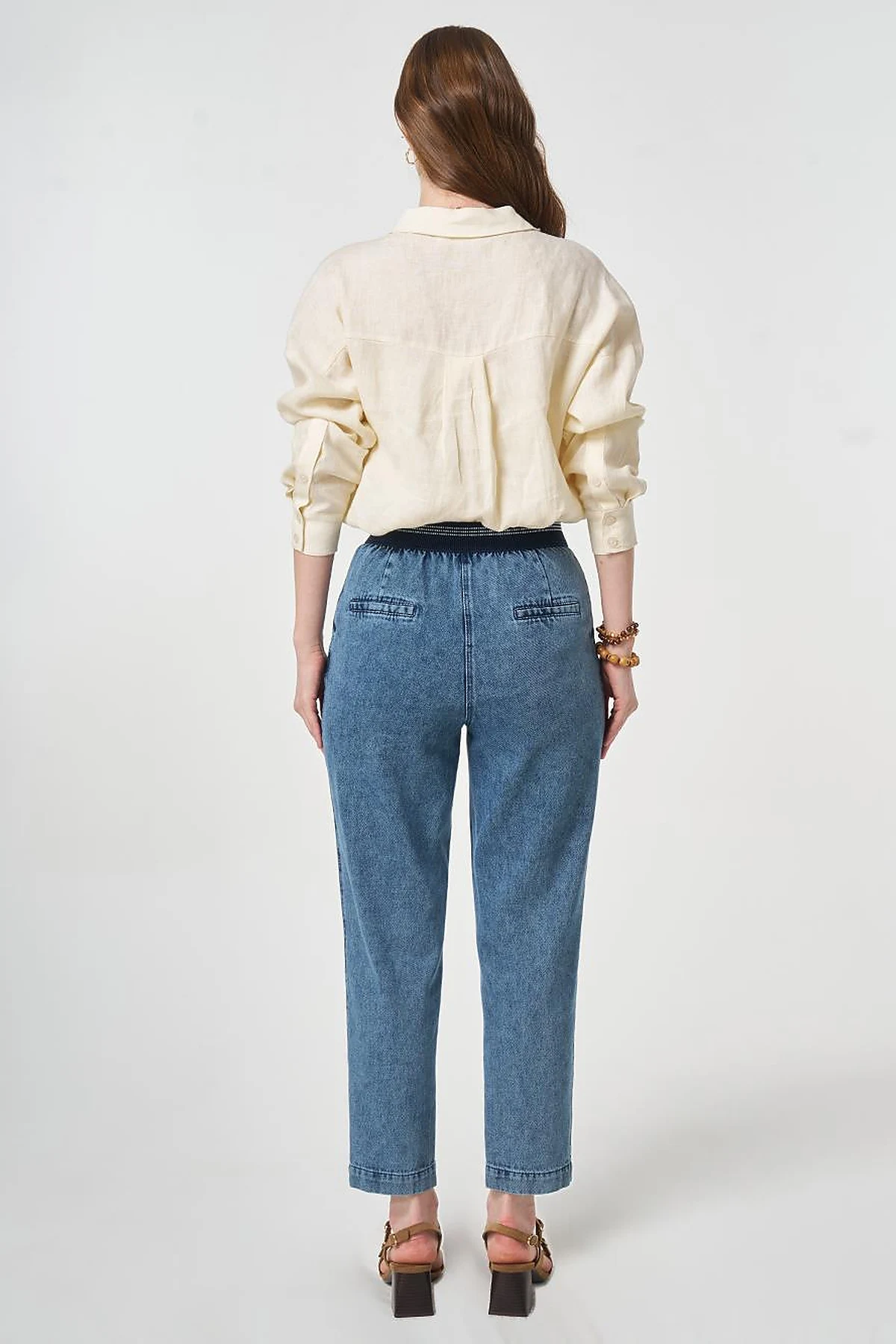 Elastic-Waist Carrot-Fit Denim Trousers Blue 
