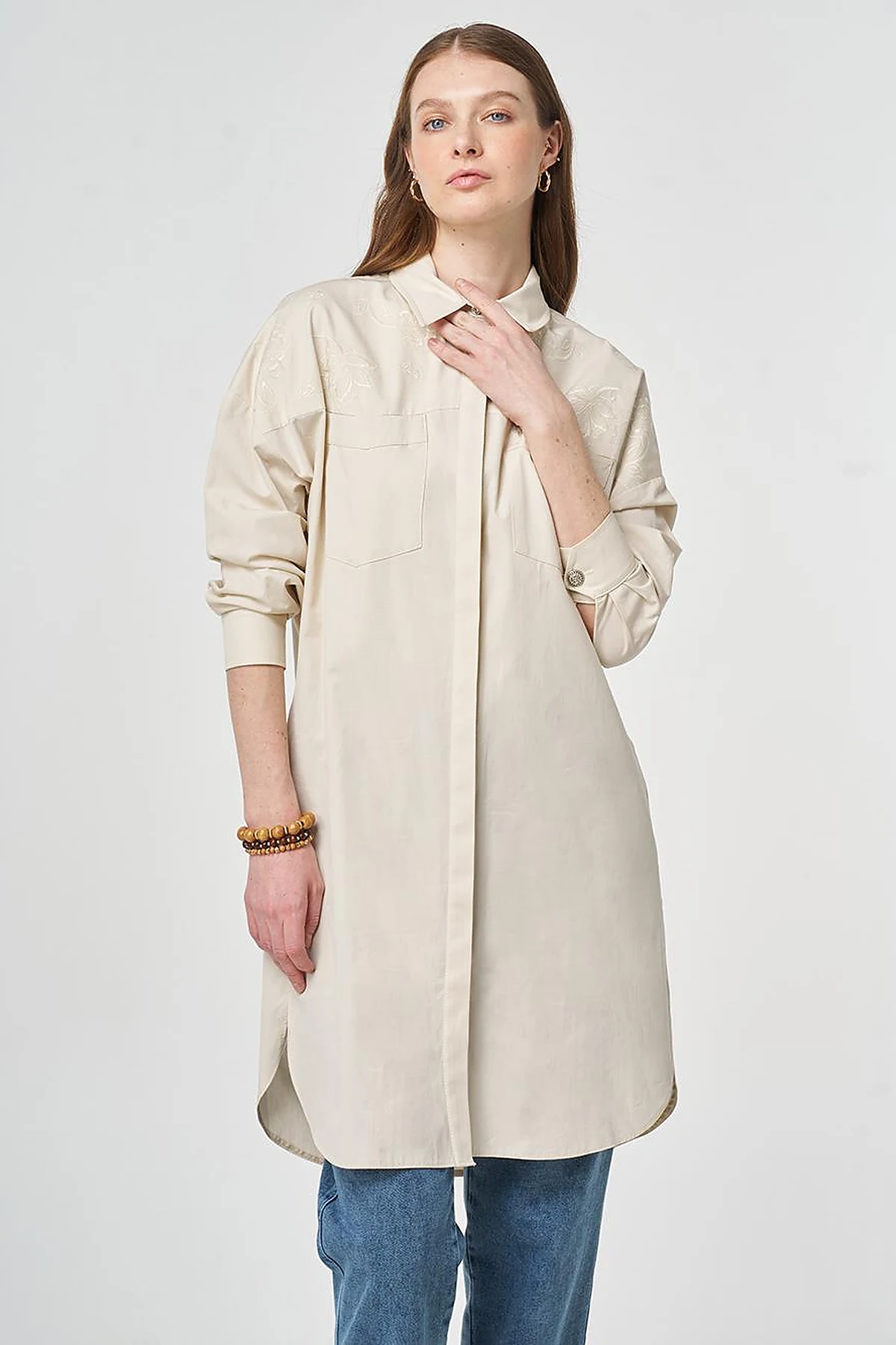 100% Cotton Embroidered Tunic Cream