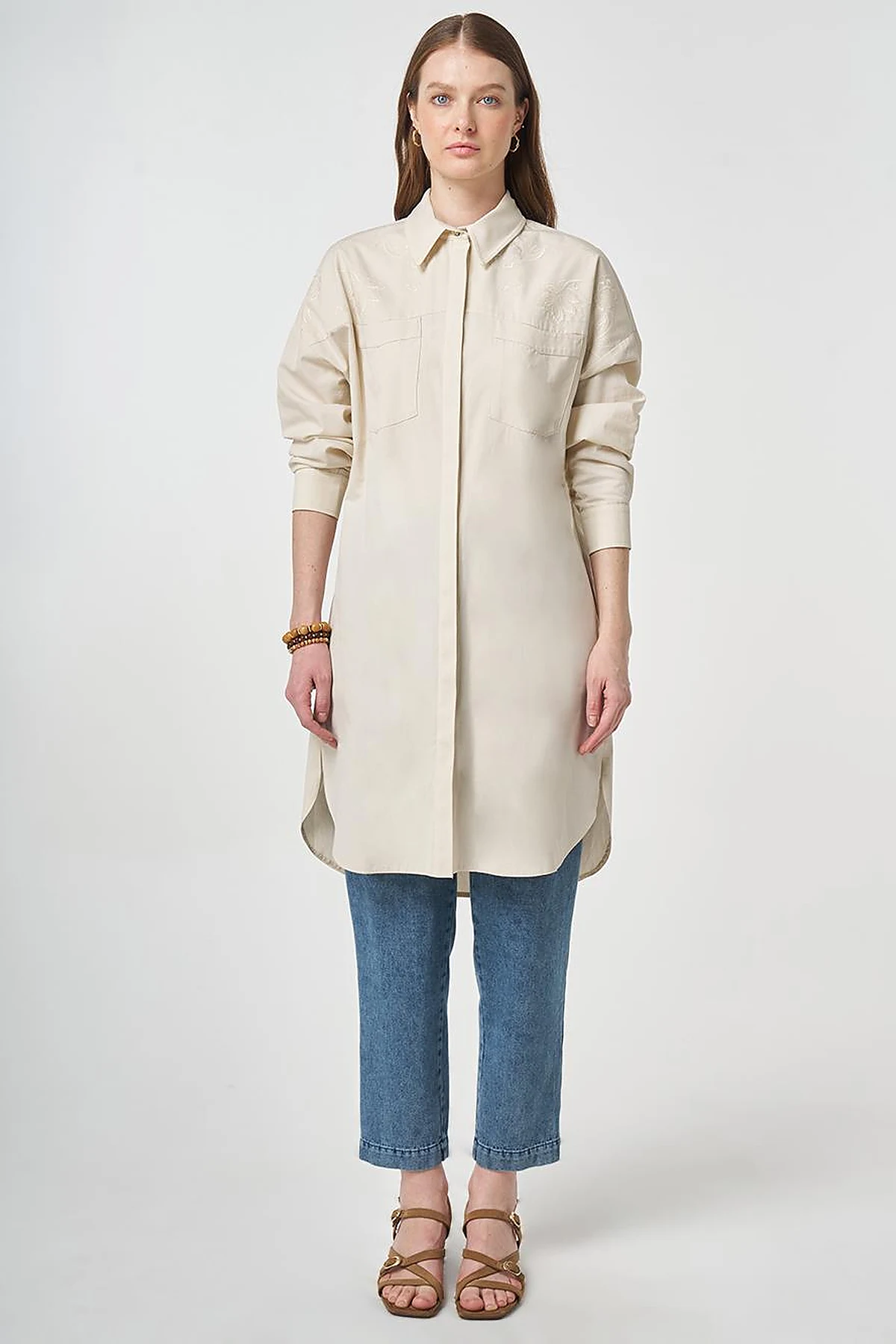 100% Cotton Embroidered Tunic Cream