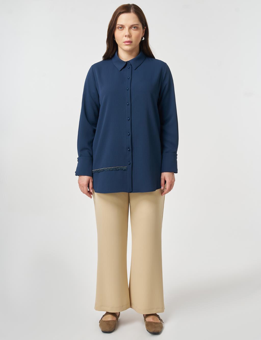 Striped Detail Shirt Collar Tunic Dark Navy