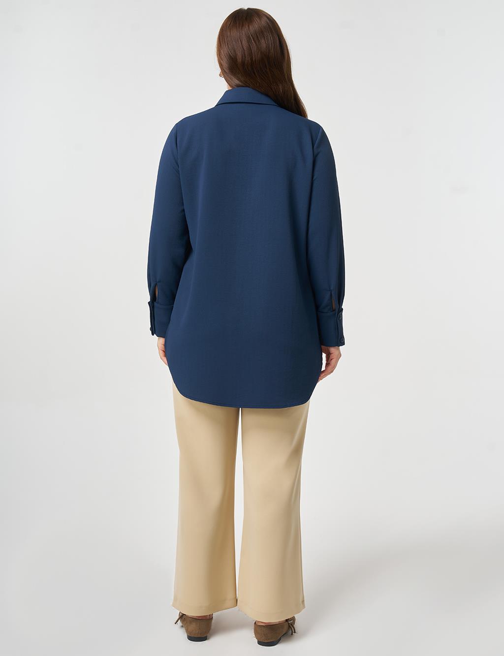 Striped Detail Shirt Collar Tunic Dark Navy