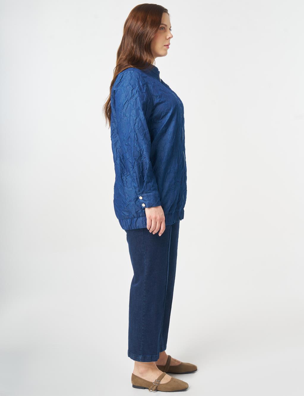 Brooch-Detail Embossed Jacket Indigo