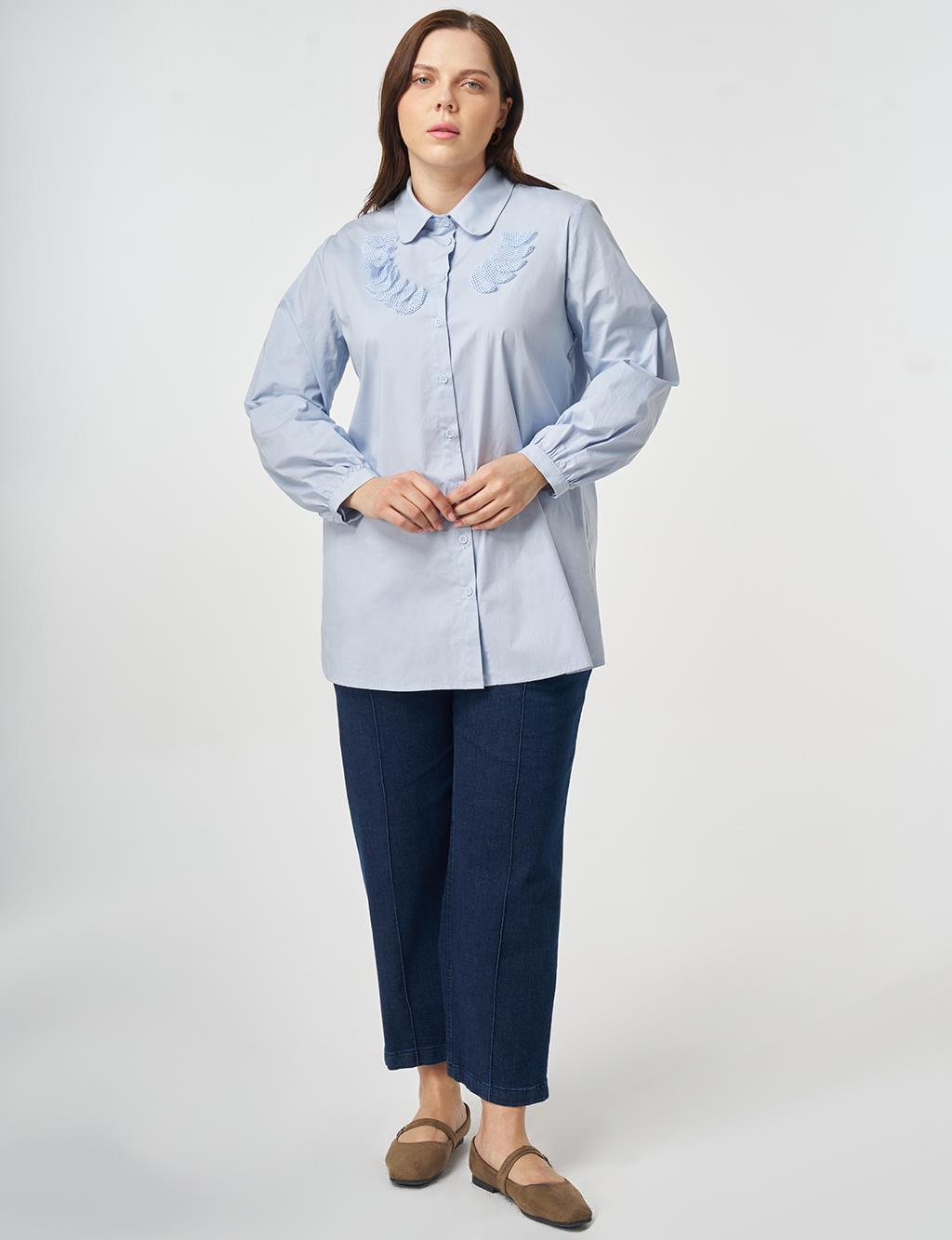 Mesh-Trimmed Baby Collar Blouse Blue