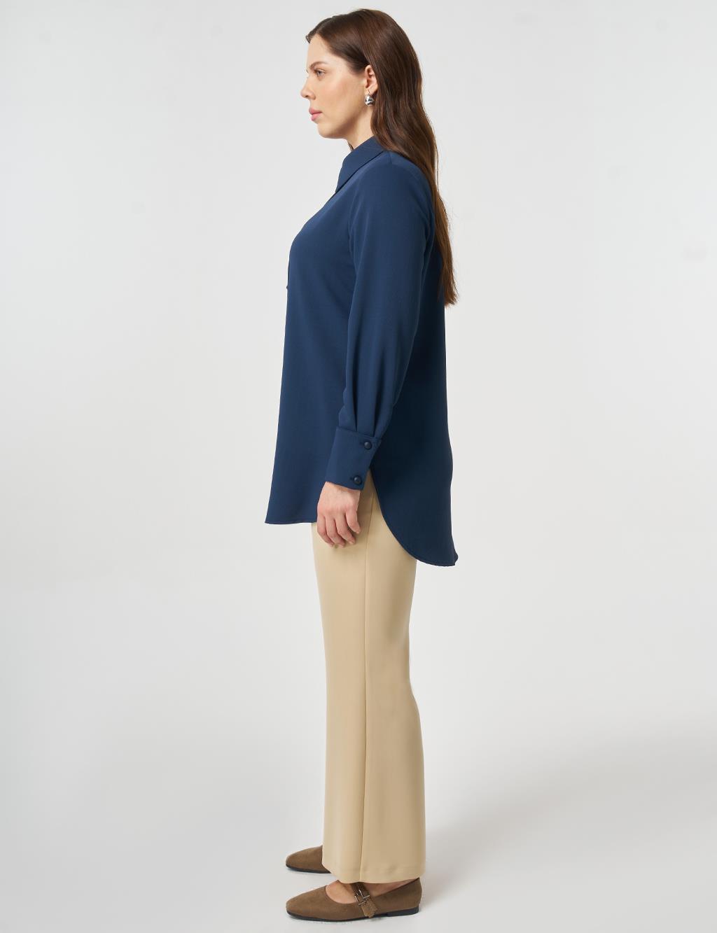 Striped Detail Shirt Collar Tunic Dark Navy