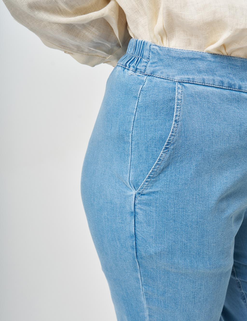 Elastic Waist Washed Denim Pants Blue