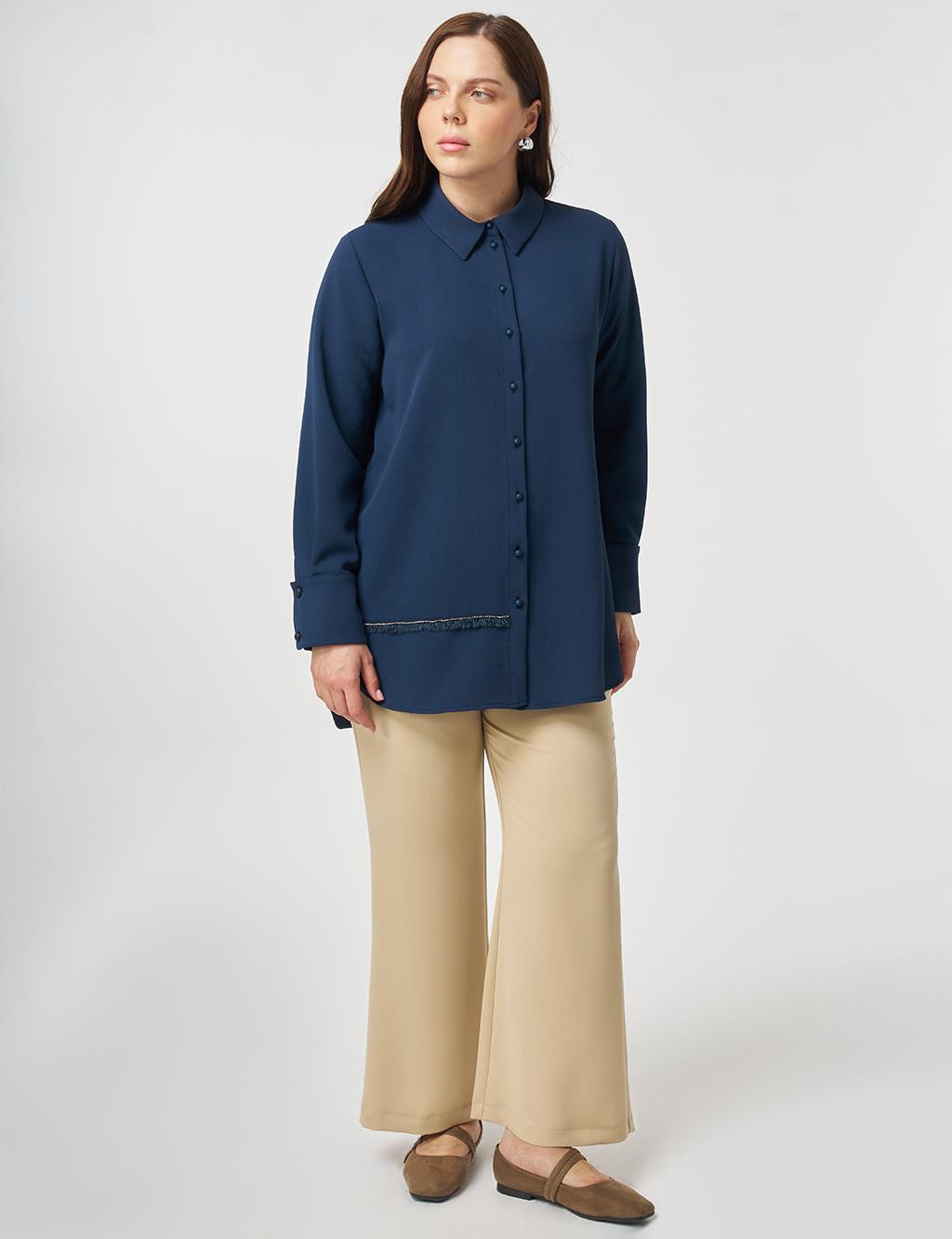 Striped Detail Shirt Collar Tunic Dark Navy