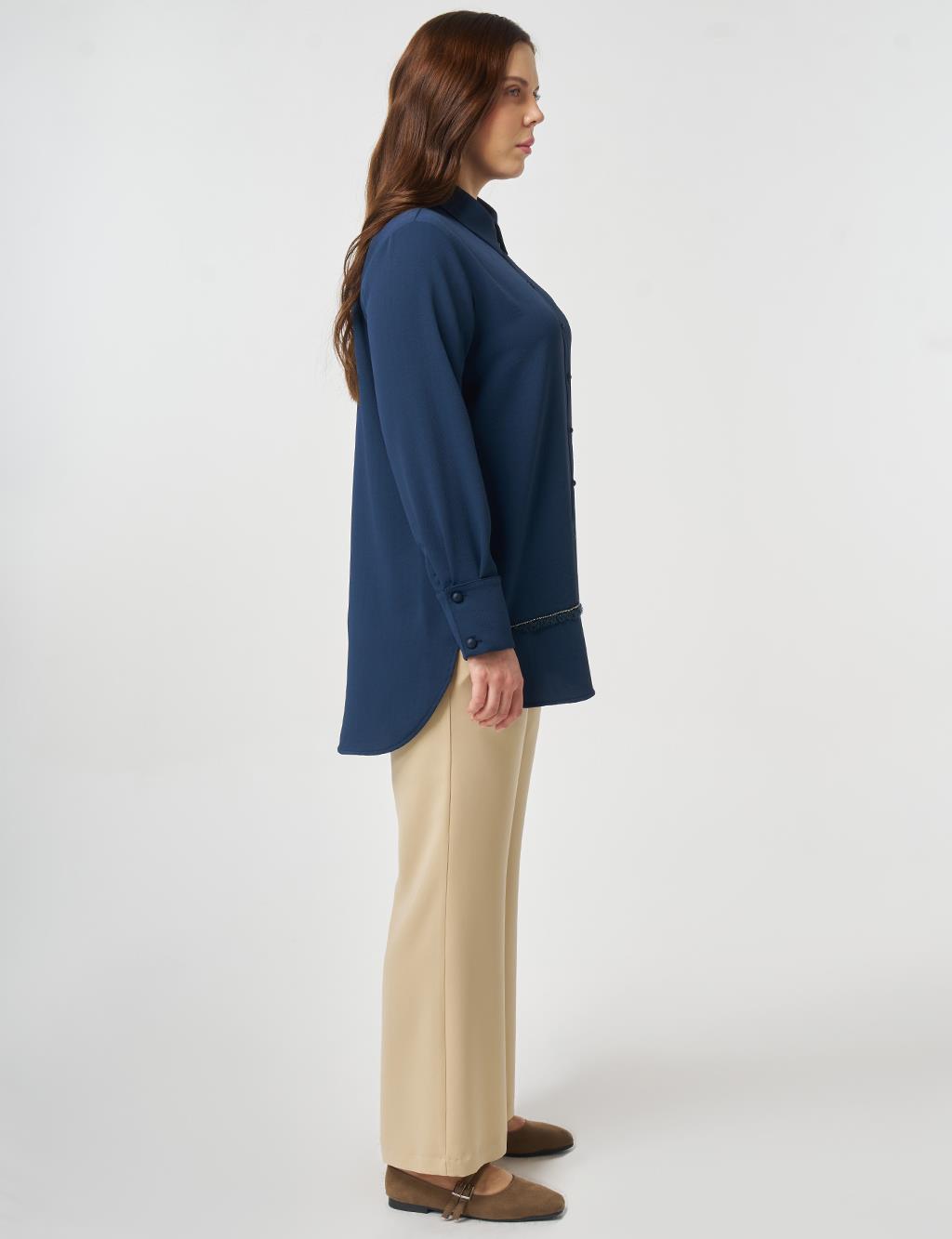 Striped Detail Shirt Collar Tunic Dark Navy