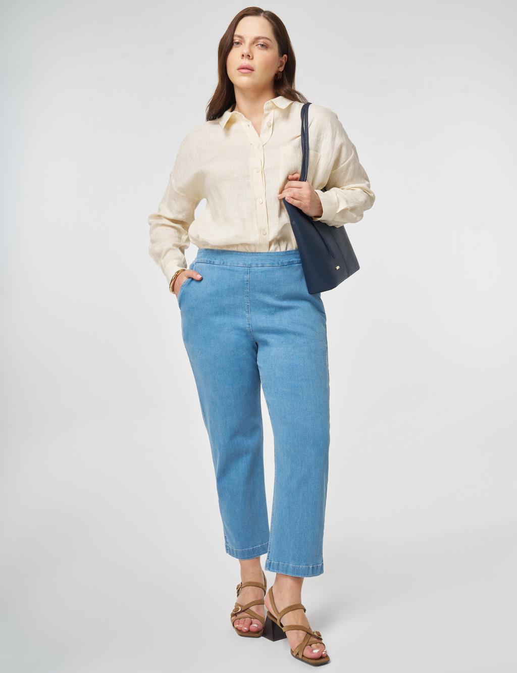 Elastic Waist Washed Denim Pants Blue