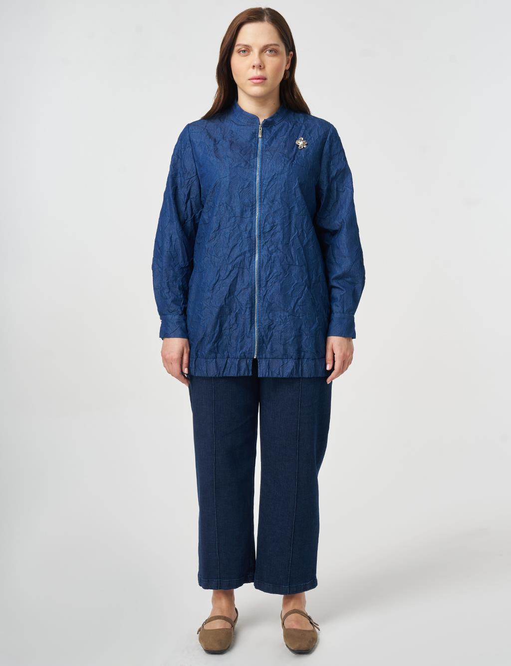 Brooch-Detail Embossed Jacket Indigo