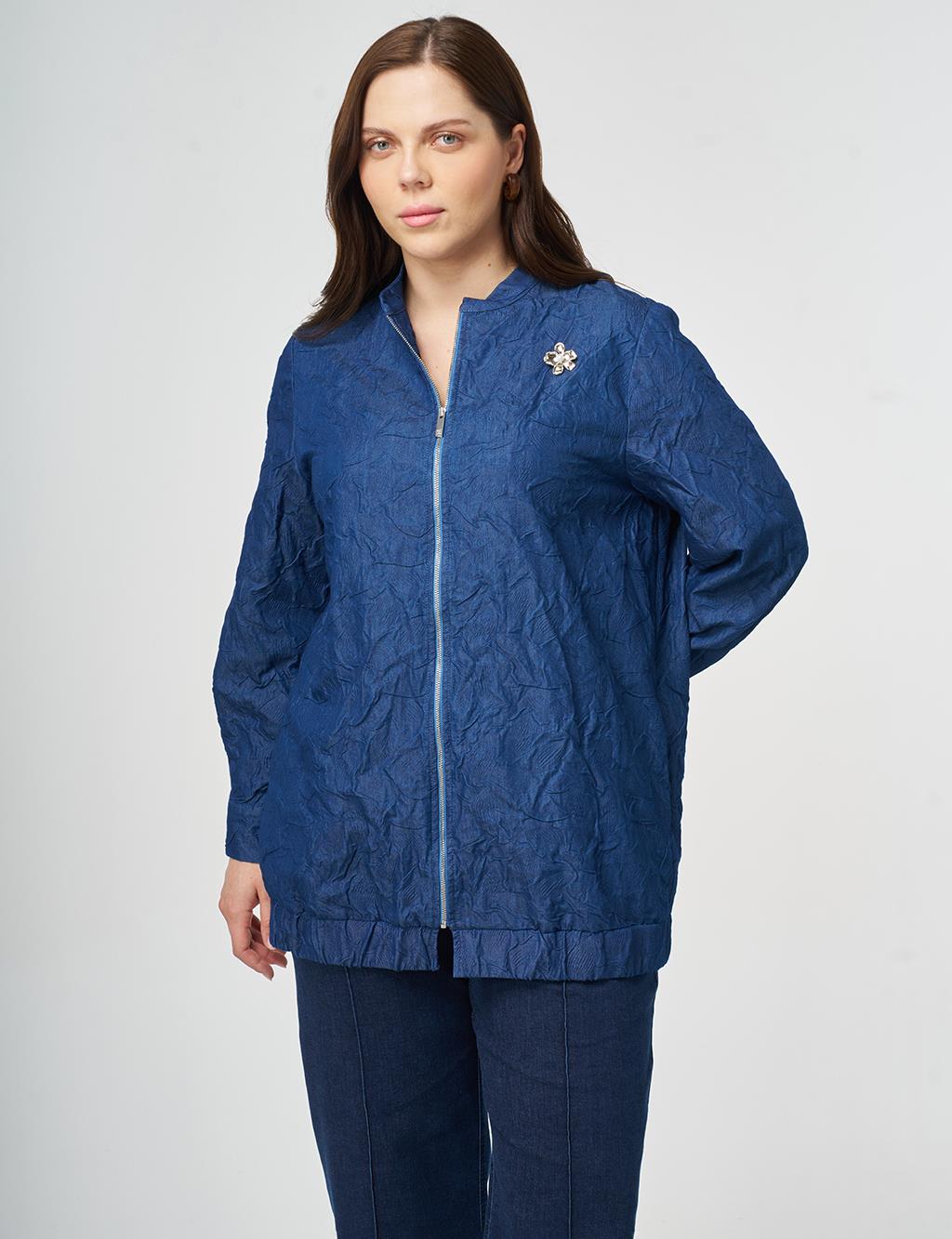 Brooch-Detail Embossed Jacket Indigo