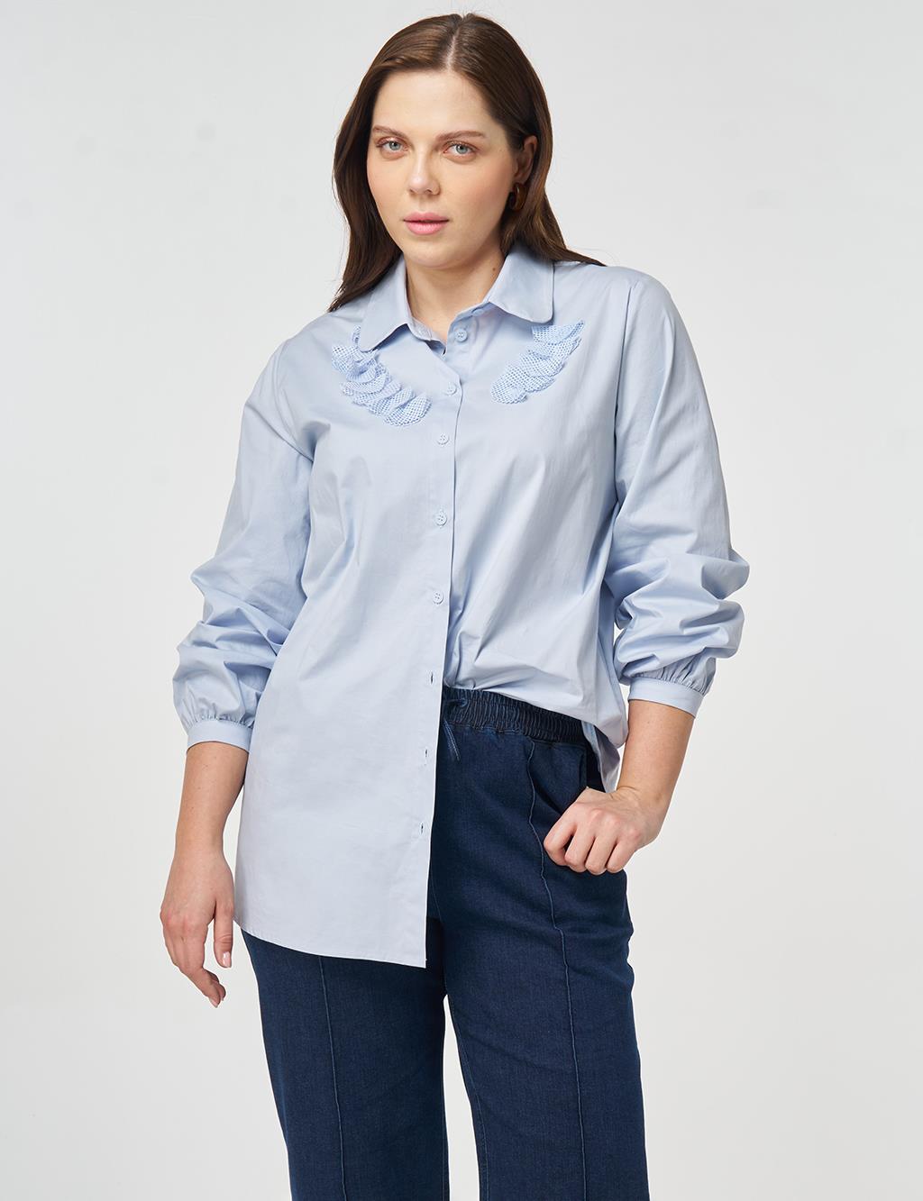 Mesh-Trimmed Baby Collar Blouse Blue