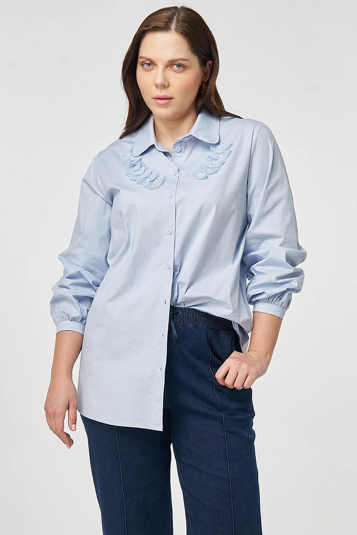 Mesh-Trimmed Baby Collar Blouse Blue