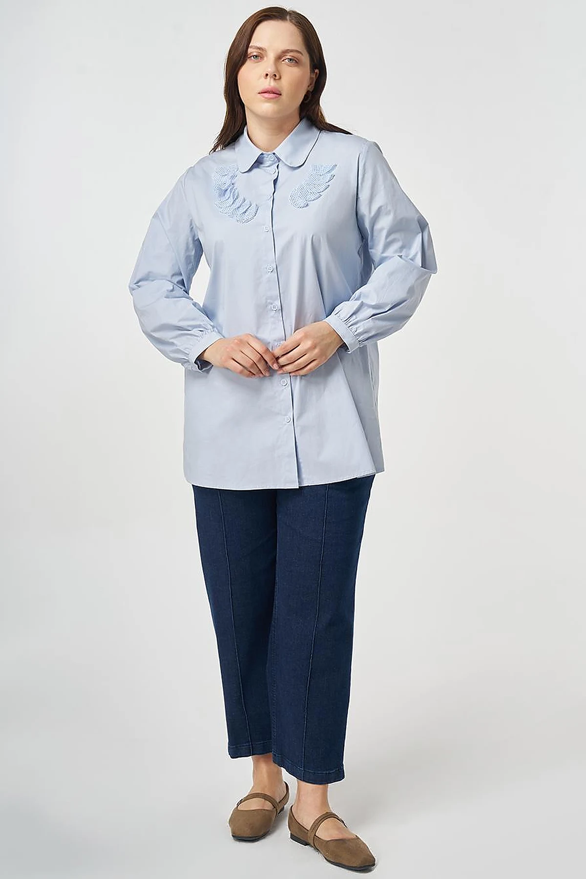 Mesh-Trimmed Baby Collar Blouse Blue