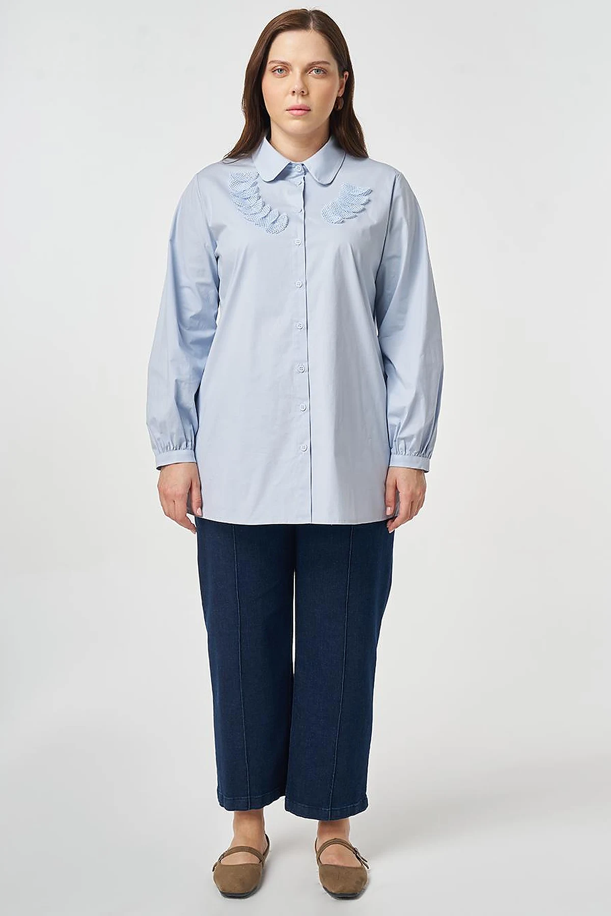 Mesh-Trimmed Baby Collar Blouse Blue