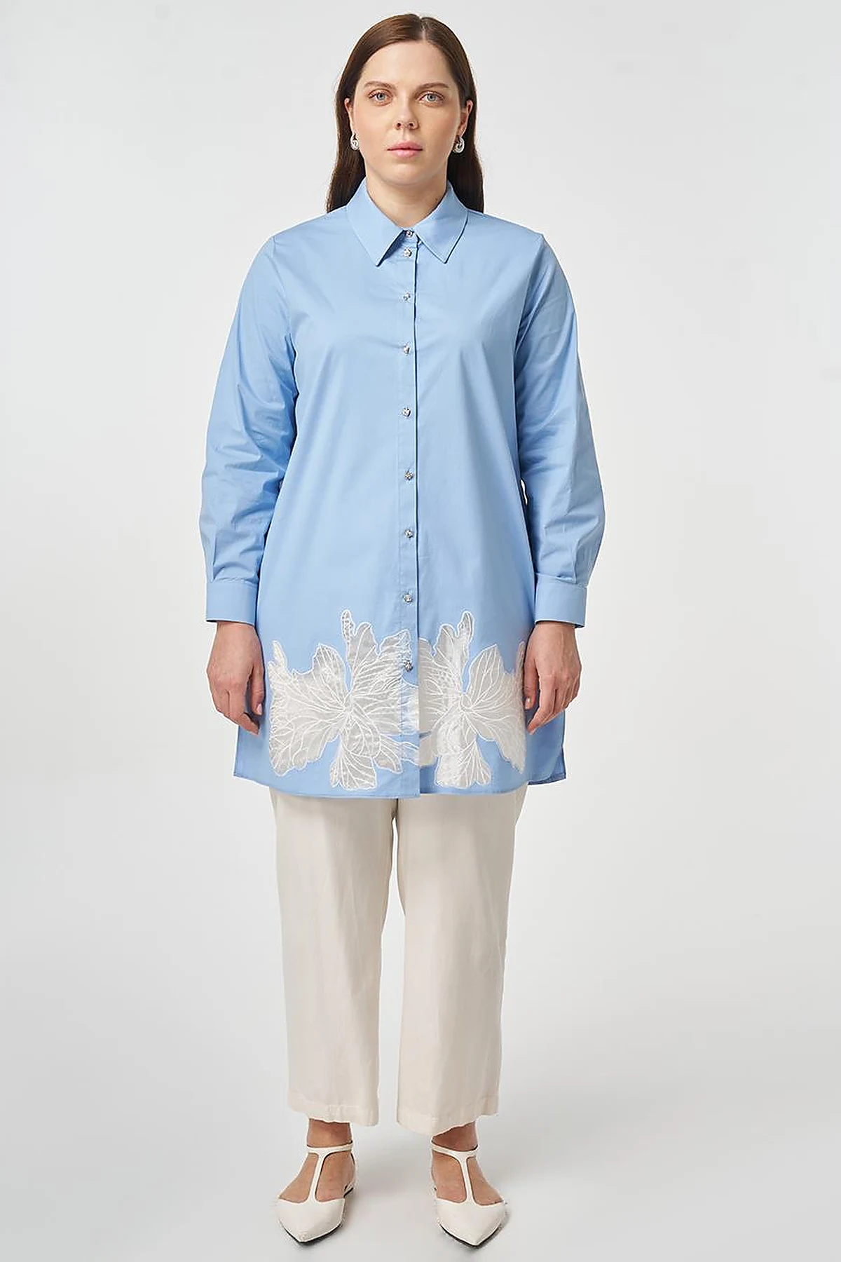 Cotton Tunic with Embroidered Appliqué Light Aviator Blue