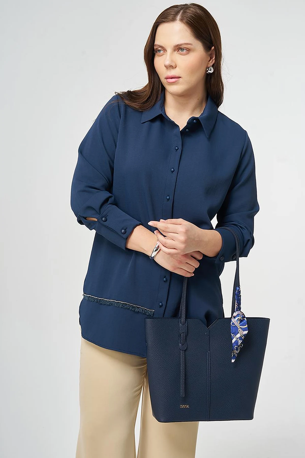 Striped Detail Shirt Collar Tunic Dark Navy